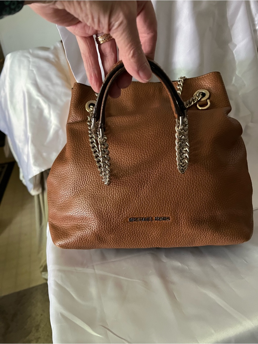 Michael Kors Cognac Pebbled Leather Crossbody Bag with Chain Straps - Picture 4 of 12